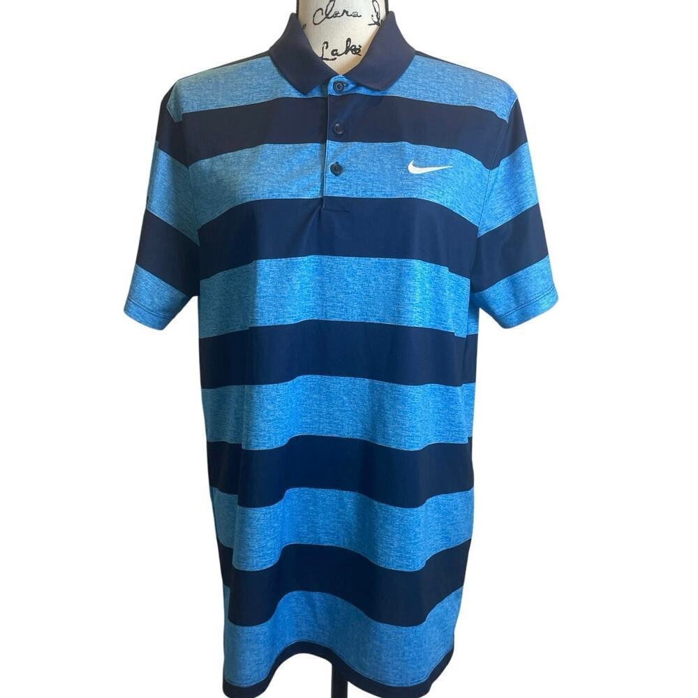 NIKE POLO GOLF SHIRT 2016 VICTORY BOLD STRIPES SZ M BLUE PICKABLE SPORTY TENNIS